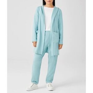 Eileen Fisher Cozy Brushed Terry Hug Hooded Jacket Women's Large Blue Open